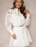 lovery Rochie Albă tip cămașă Mini cu curea Decorată cu dantelă organdi