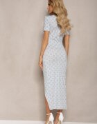 lovery Rochie Albastră Bodycon cu Decolteu Petrecut cu Fentă și Drapaj Subtil Zaleatie