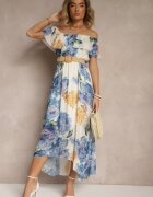 lovery Rochie Albastră Spaniolă cu Model Floral și Curea Împletită Sadeene