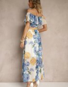 lovery Rochie Albastră Spaniolă cu Model Floral și Curea Împletită Sadeene
