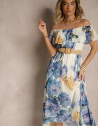 lovery Rochie Albastră Spaniolă cu Model Floral și Curea Împletită Sadeene