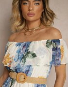lovery Rochie Albastră Spaniolă cu Model Floral și Curea Împletită Sadeene