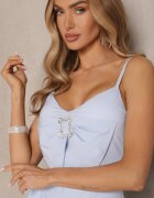 lovery Rochie Albastru deschis cu croială balon cu fundiță la decolteu și strasuri Palonira