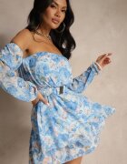 lovery Rochie Albastru deschis Spaniolească din Vâscoză cu Flori cu Curea și Volane Zelmoi