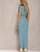 lovery Rochie Albastru-Neagră Mulată Maxi cu Drapaje și Crăpătură Kalalia