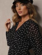 lovery Rochie Asimetrică Negru-Alb cu buline cu croială petrecută și cu elastic în talie Viradi