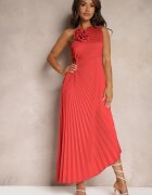 lovery Rochie Asimetrică Roșie cu Tiv Plisat și Aplicație în Formă de Floare Fevima