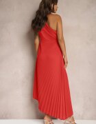 lovery Rochie Asimetrică Roșie cu Tiv Plisat și Aplicație în Formă de Floare Fevima
