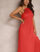 lovery Rochie Asimetrică Roșie cu Tiv Plisat și Aplicație în Formă de Floare Fevima