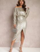 lovery Rochie Aurie Metalică Asimetrică cu Legare Bellita