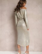 lovery Rochie Aurie Metalică Asimetrică cu Legare Bellita