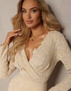 lovery Rochie Bej Cambrată de Dantelă Mini cu Decolteu Petrecut Jorinda