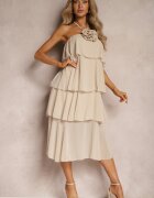 lovery Rochie bej cu Broșă Florală Finisată cu Volane și Legată la Gât Tinashell