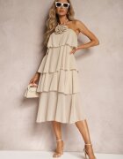 lovery Rochie bej cu Broșă Florală Finisată cu Volane și Legată la Gât Tinashell