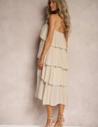 lovery Rochie bej cu Broșă Florală Finisată cu Volane și Legată la Gât Tinashell