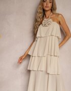 lovery Rochie bej cu Broșă Florală Finisată cu Volane și Legată la Gât Tinashell