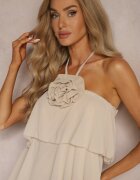 lovery Rochie bej cu Broșă Florală Finisată cu Volane și Legată la Gât Tinashell