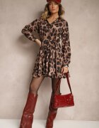 lovery Rochie Bej cu Imprimeu Leopard cu Croială Evazată cu Legătură în Talie Ameriana