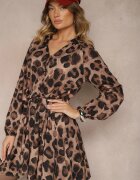 lovery Rochie Bej cu Imprimeu Leopard cu Croială Evazată cu Legătură în Talie Ameriana