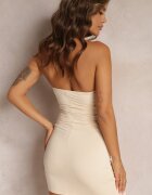 lovery Rochie Bej încrețită mulată Mini cu flori decorative fără bretele Sherid