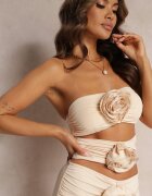 lovery Rochie Bej încrețită mulată Mini cu flori decorative fără bretele Sherid
