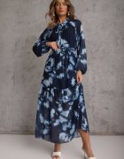 lovery Rochie Bleu marin cu o croială dreaptă cu model floral decorată cu o curea Acexia