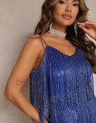 lovery Rochie bleumarin mini cu franjuri cu cristale și pene Tarinelle