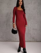 lovery Rochie Bordo Mulată Maxi cu Decolteu Pătrat Fioral
