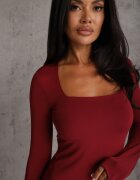 lovery Rochie Bordo Mulată Maxi cu Decolteu Pătrat Fioral