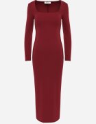 lovery Rochie Bordo Mulată Maxi cu Decolteu Pătrat Fioral