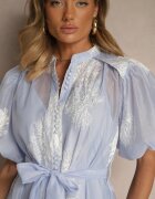 lovery Rochie cămașă Albastru deschis din bumbac Decorată cu centură și broderii Lirine