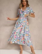 lovery Rochie Cămașă Albastru deschis Florală Croi Cloș cu Cordon Fevalirra