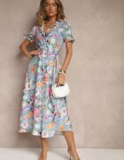 lovery Rochie Cămașă Albastru deschis Florală Croi Cloș cu Cordon Fevalirra