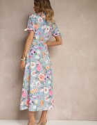 lovery Rochie Cămașă Albastru deschis Florală Croi Cloș cu Cordon Fevalirra