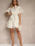 lovery Rochie Cămașă Bej cu Bumbac Decorată cu Cordon și Broderii Lirine