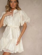 lovery Rochie Cămașă Bej cu Bumbac Decorată cu Cordon și Broderii Lirine