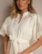 lovery Rochie Cămașă Bej cu Bumbac Decorată cu Cordon și Broderii Lirine
