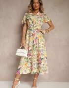 lovery Rochie cămașă galbenă cu flori cu croială evazată cu curea Fevalirra