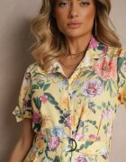 lovery Rochie cămașă galbenă cu flori cu croială evazată cu curea Fevalirra