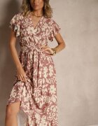 lovery Rochie Cloș Bej închis cu Imprimeu Floral cu Centură Niloreia
