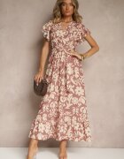 lovery Rochie Cloș Bej închis cu Imprimeu Floral cu Centură Niloreia