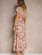 lovery Rochie Cloș Bej închis cu Imprimeu Floral cu Centură Niloreia