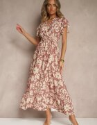 lovery Rochie Cloș Bej închis cu Imprimeu Floral cu Centură Niloreia