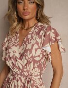 lovery Rochie Cloș Bej închis cu Imprimeu Floral cu Centură Niloreia