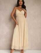 lovery Rochie Cocktail Bej Decorată cu Tul Deviora