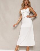 lovery Rochie de cocktail Albă cu croială ajustată cu broșă decorativă în formă de floare și volan Vikassa
