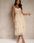 lovery Rochie de cocktail bej cu bretele decorată cu paiete volane și fundă Inalisa