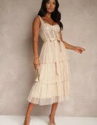 lovery Rochie de cocktail bej cu bretele decorată cu paiete volane și fundă Inalisa
