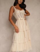 lovery Rochie de cocktail bej cu bretele decorată cu paiete volane și fundă Inalisa