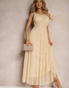 lovery Rochie de cocktail Bej cu fustă din tul Fără mâneci Elastar
